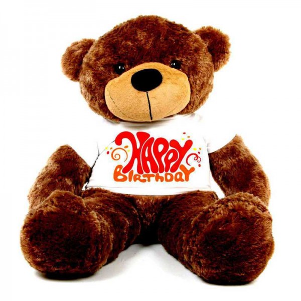 Brown 5 feet Big Teddy Bear wearing a Happy Birthday T-shirt